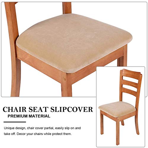 smiry Stretch Chair Seat Covers for Dining Room Velvet Dining Chair Seat Protectors Chair Slipcovers, Set of 4, Beige - Image 4