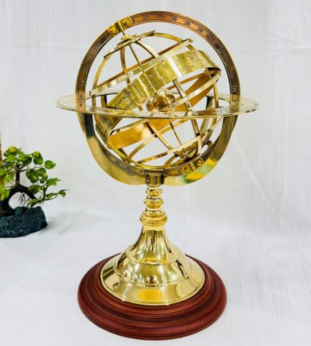 Antique Vintage Zodiac Armillary Brass Sphere Globe Wooden base Pirate's Antique Ship Nautical Sphere Globe (Brass 15 inch)