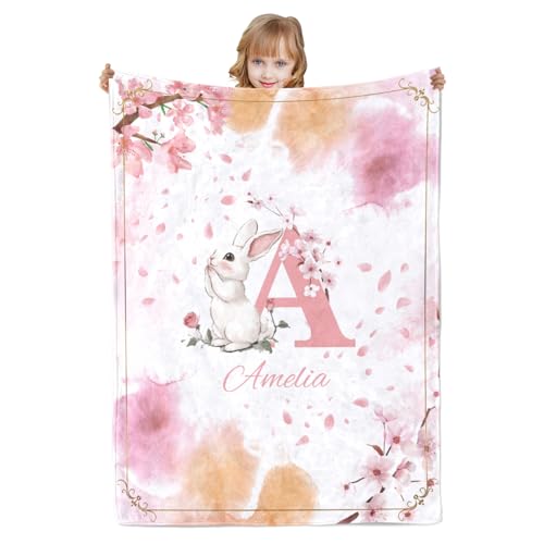 Loosusu Couverture Bébé Personnalisée, Motif Lapin Couverture Bebe Personnalisée Prénom pour Fille Garçon Plaid Personnalisé Bébé Couvertures Cadeau Personnalisé pour Anniversaire de Enfant, Noël