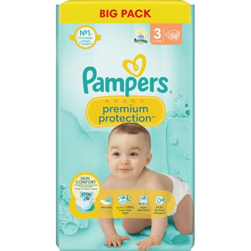 Pampers Premium Protection Big Pack - Pañales (tamaño 3, 6-10 kg, 58 unidades)