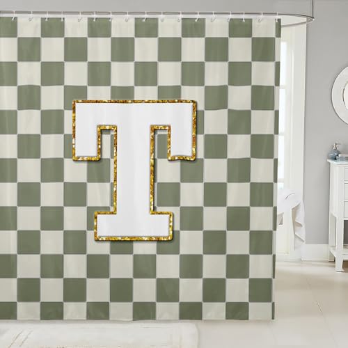 Image of Erosebridal Sage Green Checkered Bathroom Curtain Plaid Initial T Shower Curtain 72 inch Wx78 L Personalized Monogram Bathroom Accessories for Kids Adults,Fashion Grids Gingham Shower Decor