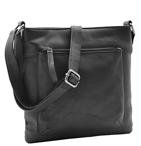 Sac à bandoulière en cuir véritable noir pour femme mode maroquinerie taille moyenne
