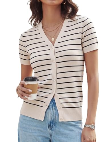 GRACE KARIN Short Sleeve Striped Cardigan Button Down Sweaters for Women V Neck Summer Outfits (White Black Striped,XL)