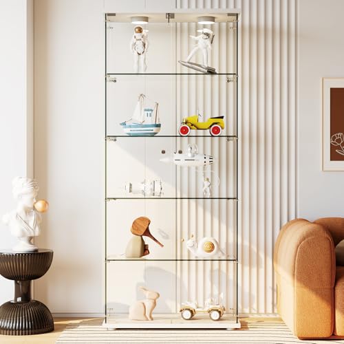 Garvee Glass Display Cabinet with LED Light, Tempered Glass Curio Collection Display Showcase with 5 Shelves and Lock, 2 Door Curio Cabinets for Livin