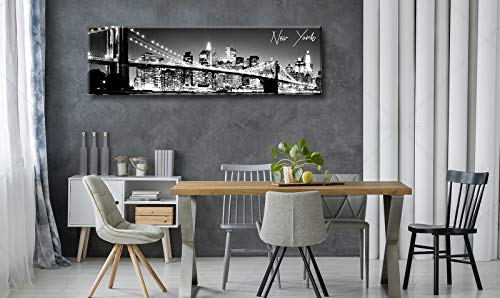 Image of New York Skyline Wall Art Black White Brooklyn Bridge Decor 13.8 inch x 47.3 inch | Night View Canvas Prints Nyc Building Panoramic Cityscap Picture Modern Artwork for Bedroom Office Decor Framed Ready to Hang