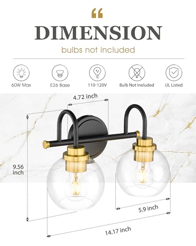 Image of Bathroom Light Fixtures, 2-Light Black and Gold Vanity Lights with Globe Clear Glass, Modern Vanity Lighting Fixtures Over Mirror, AD-22280-2W-KG
