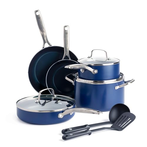 Image of Blue Diamond 10 Piece Nonstick Cookware Set, Diamond Ceramic Pots & Pans, Dishwasher & Metal Utensil Safe, Non Toxic PFAS-Free, Kitchen Cooking Sauce & Saute Pans, Oven & Broiler to 600F, Blue