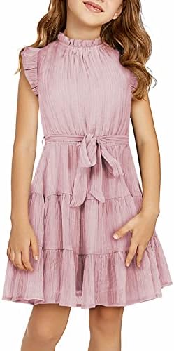 blibean Girl Short Sleeve Dress Tween Kid Summer Boho Ruffle Dresses Preteen Tiered Swing Outfit Solid Flowy Formal Party Fancy Clothes Size 12-13 Years XX-Large Pink