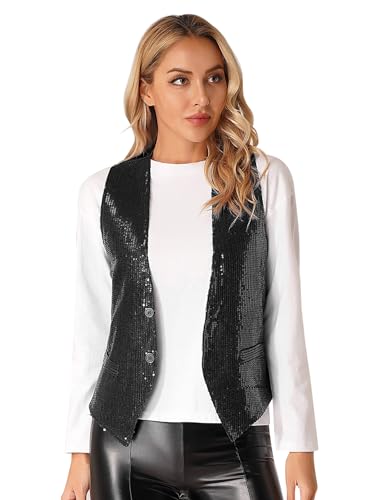 JEYPINMI Women's Sparkle Sequins Waistcoat Open Front Jacket Sleeveless Coat Vest Tops3