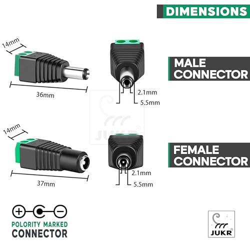 Image of Male Female DC 24, 12, 9, 5 Volts (5A) Power Supply Jack Plug Barrel Connector Terminal (2.1 mm x 5.5 mm) for Home Office CCTV Car Rear View Camera, LED Strips DIY Electronic Projects (5 Pairs)