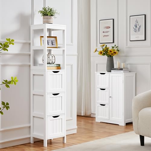 Yaheetech Bathroom Tall Cabinet, Slim Storage Cabinet, Narrow Freestanding Floor Cabinet with 3 Drawers & 2 Shelves, Linen Tower for Small Space, 12" D x 12" W x 56" H, White - Image 3