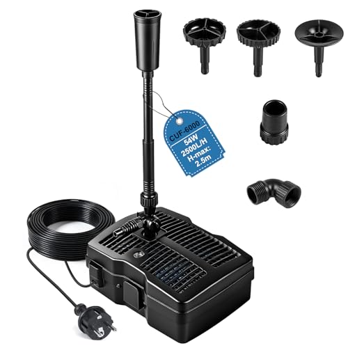 EXLECO Vijverpomp voor buiten, met uv-lamp, 2500 l/u, 54 W, vijverfilter, complete set met pomp, 3 fonteinopzetstukken, filtermateriaal, fonteinpomp met filter, waterpomp, filterpomp, 10 m kabel voor