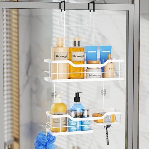 Consumest Over Door Shower Caddy - 2 Tier Shower Shelves Hanging with Soap Holders, Large Capacity Shower Organizer with 4 Hooks, Bathroom Rack and Storage, White by Consumest - Used condition - US$21.26