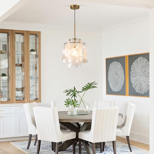 LAMKNVS White Shell Pendant Lights, Brushed Brass Coastal Seashell Chandelier Metal 2 Tiers Ceiling Hanging Light Fixture for Kitchen Island Dining Room Entryway Bedroom Foyer, E26 Socket - Image 6
