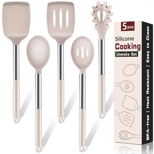 Image of 5Pcs Silicone Cooking Utensils Set, Heat Resistant Kitchen Tools Include Solid&Slotted Spatula, Cooking Spoon and Pasta Server, Silicone Kitchen Utensils set for Nonstick Cookware Flipping, Khaki