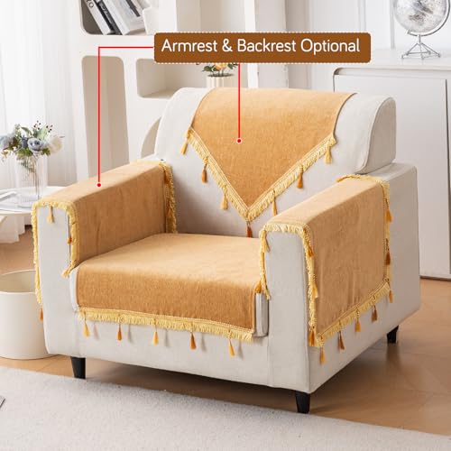 Image of HOKIPO 'Serenity Tassel' Chenille 1 Seater Sofa Cover with Tassel - Sunlit Amber (IN-890-GLD)