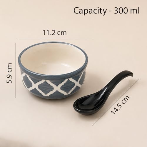 Image of The Earth Store Ceramic Bowl Set of 6 with Spoon, 300ML | Grey Moroccan Ceramic Bowl Set |Microwave & Dishwasher Safe Stylish Snack Bowl Set for Home, Office & Gifting