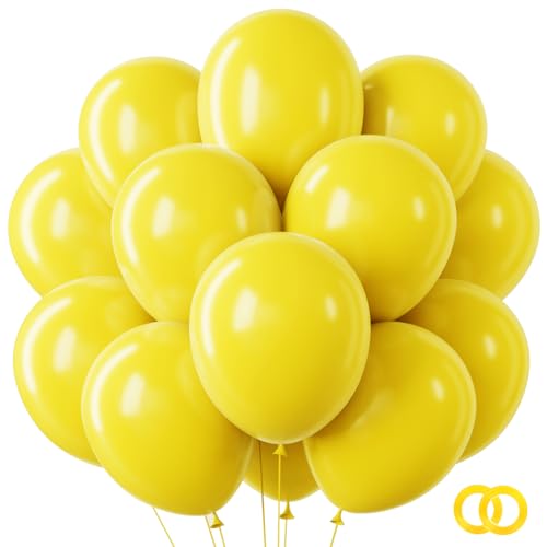 RUBFAC Yellow Balloons 65pcs 12 Inch Party Balloon with Ribbons for Birthday Baby Shower Masquerade Party Decorations