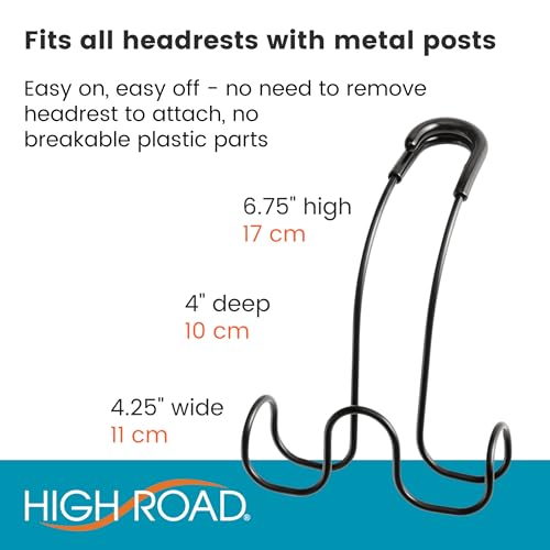 High Road Metal Car Hooks for Purses and Bags - Unbreakable Headrest Car Hooks for Large Purse Straps and Heavy Bags up to 40 lbs - Secure Attachment Loops Fit All Headrest Posts (Triple Hook 2-Pack)
