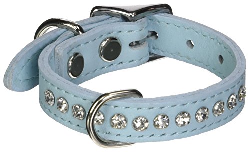 Image of Signature Leather Crystal Dog Collar, Baby Blue Solid Grain Leather, Fits 6 inch-8 inch Neck Size, 10 inch Overall Length