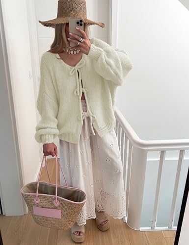 Image of SKIKYAN Women Bowtie Oversized Knit Sweater Cardigan Y2K Long Sleeve V Neck Open Front Casual Knitwears