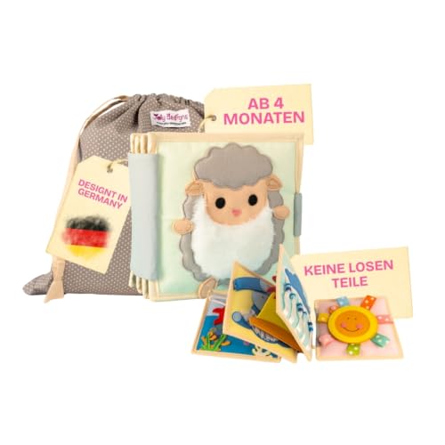 Jolly Designs Happy Sheep - 6 Seiten Mini Quiet Book Montessori Spielzeug ab 4 Monaten Motorik & Sensorik fördern Handgefertigtes Filzbuch Lernspielzeug für Kleinkinder Busy Book