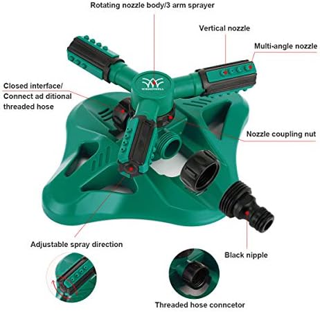 WISDOMWELL Garden Sprinkler Adjustable water spray range Suitable for large areas of lawn Automatic 360 Degree 3 Arm Rotating Sprinkler System Sprinklers (1Sprinkler+4Connectors+2 Sprinkler Head)