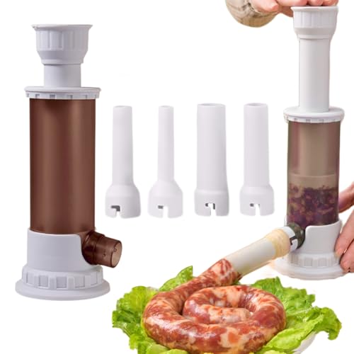 Liuer Máquina Llenadora de Salchichas,Máquina para Hacer Salchichas Caseras,Embutidora de Chorizos Manual Embutidora de Salchichas de Plastico con 4 Embudos Herramientas para Embutidos Caseros (Gris)