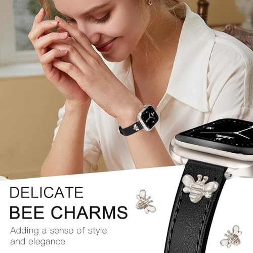 Image of JR.DM Slim Leather Bands Compatible with Apple Watch Band 38mm 40mm 41mm 42mm 44mm 45mm 46mm 49mm, Genuine Leather Band with Charms, Feminine Design for Iwatch Ultra SE Series 11 10 9 8 7 6 5 4 3 2 1