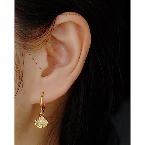 Cute Shell Pearl Huggie Small Hoop Earrings Dangle Drop for Women Teen Girls 925 Sterling Silver 14K Gold Filled Boho Beach Simple Charm Hoops Delicate Hypoallergenic Summer Jewelry Gift Daughter4