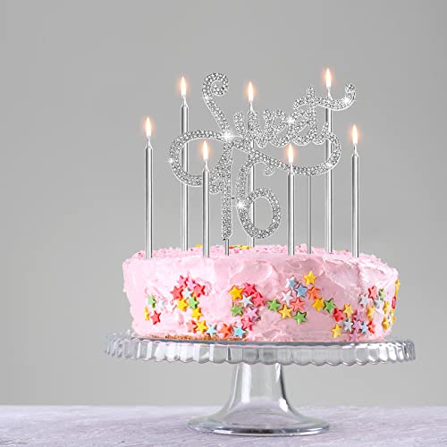 Sweet 16 Cake Toppers Rhinestone Birthday Cake Topper, 20 Pcs Metallic Birthday Candles Sweet 16 Cake Candles Sweet 16 Birthday Decorations Happy Birthday Candles For Cake Birthday Decor (Silver) #TOP3