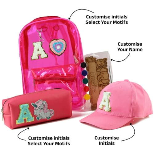 Image of AICA Gifts Personalized Kids Backpack, Pencil Pouch & Cap Combo | Name Embroidered Letters & Patch PVC Bag | Waterproof School Set with DIY Colouring Kit for Boys & Girls 2-10 Years (Pink)