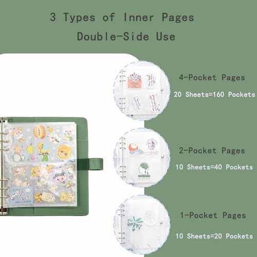 Image of Sticker Binder Organizer with Storage Sleeves,Reusable Stickers Collecting Book Album Holder, A5 Blank Sticker Container Organizer-Dark Green