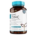Nutravita Zinc Tablets 50mg – 365 Vegan Tablets for 6 Months Supply – Zinc Supplement High Strength for Maintenance of Normal Immune System, Bones, Hair, Skin & Nails – Made in the UK