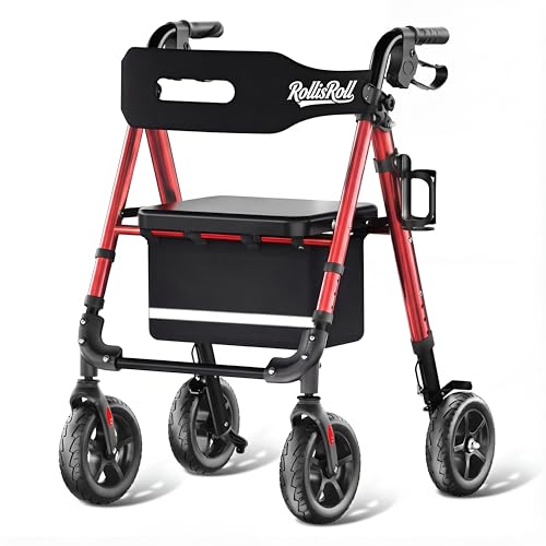RollisRoll Walkers for Seniors Taller 5.3~7ft Lightweight Foldable Rollator Walker Built in Cable Reinforced Aluminum Frame 8 Big Rubber Wheels for All Terrain 350lb Weight Capacity Burgundy