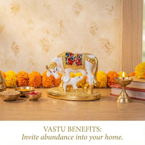 Image of Resin Kamdhenu Cow with Calf Statue for Vastu & Good Luck Show Piece | Idol for Home Decor & Housewarming & Wedding Return Gift (3 Inches) (White)
