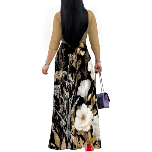 Image of SUZONANA Plus Size Dresses for Women Floral Print Maxi Dress Flowy 3 /4 Sleeve with Belt