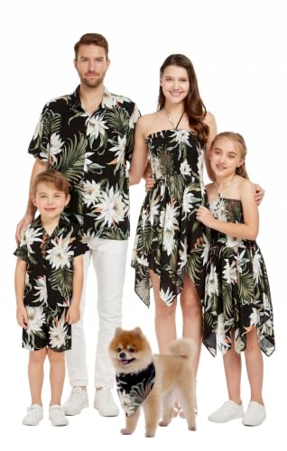 Image of Family Matching Hawaiian Clothes, Wispy Cereus Black | Lightweight 100% rayon • Family matching outfits • Tropical floral print • Beach vacations • Luaus • Cruises • Family photos