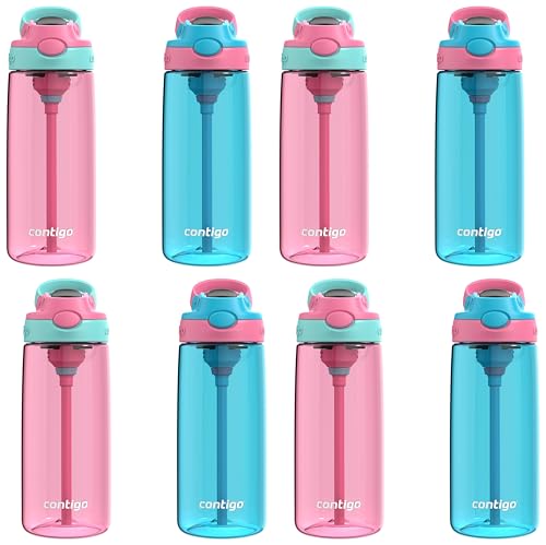 Image of Contigo Aubrey Kids Water Bottle,20oz,Azalea /Jade & Blue Raspberry.Azalea,Spill-Proof Lid,Dishwasher Safe,BPA Free,(Pack of 8)