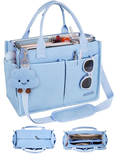 BESBESME Bolsa de lona feminina com zíper e compartimentos – Bolsa tiracolo grande para laptop para trabalho e faculdade, Azul claro, Large, Tendência
