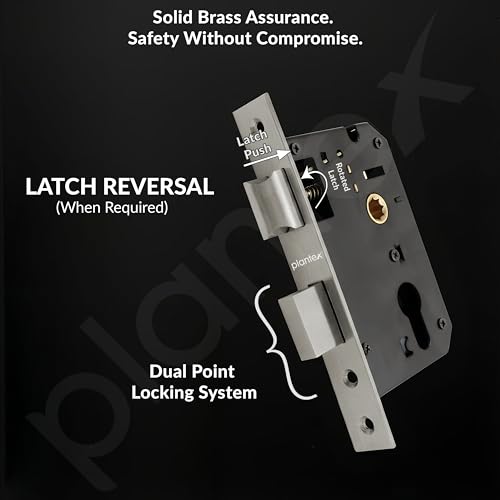 Image of Plantex Heavy-Duty Door Lock /Door Handle Set with 3 Years of Warranty /Mortise Lock with 3 Keys, Brass Lockbody & Cylinder (8133 - Satin Steel & Chrome)