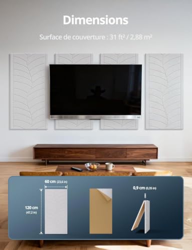 Kuchoow panneau acoustique mural traitement pour home studio, lot de 4 grande taille autocollant panneaux acoustiques pour mur, plafond, porte, chambre, bureau, gaming, 120 x 60 x 0,9 cm, blanc – vue 9