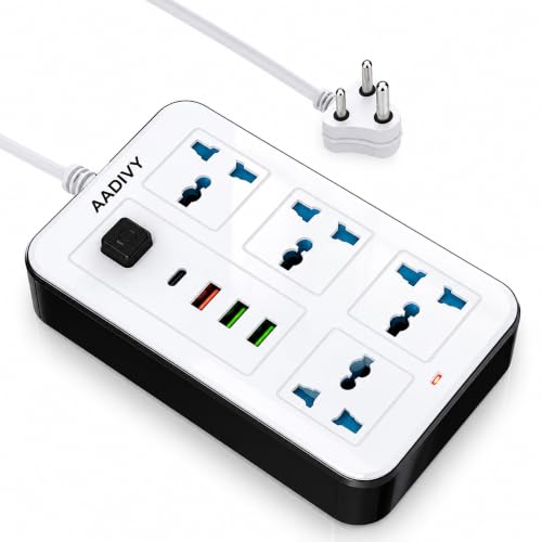 Image of 8 in1 Universal Extension Board with 4 Sockets 3 USB Ports, 1 PD Type-C Fast Charging | 2500W Heavy Duty Power Strip with Switch | 1.8 M, Cord for Home Office TV Computer Mobile