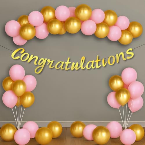 Image of Party Propz Congratulations Banner - 42 Pcs Pink and Golden Congratulations Decoration Items | Balloons For Decoration | Congrats Banner (Cardstock, Latex)