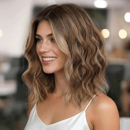 Eawwii Ombre Light Brown With Blonde Short Wavy Wig for