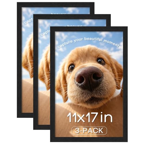 Image of Picrit 11x17 Picture Frame 3 Pack, Wall Mount Display, Black Wood Grain