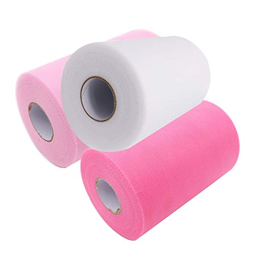 CAILI Tulle Rouleau,Bobine de Tissu, Rouleau de Fil, Rouleaux de Tissu Bricolage Tutu,Ruban pour Mariage Partie Banquet Artisanat Décoration(Lot de 3, Poudre Intense, Rose Pâle, Blanc)