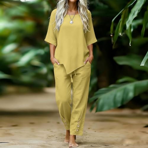 Traje de lino para mujer elegante conjunto de dos piezas con acabado suave 6