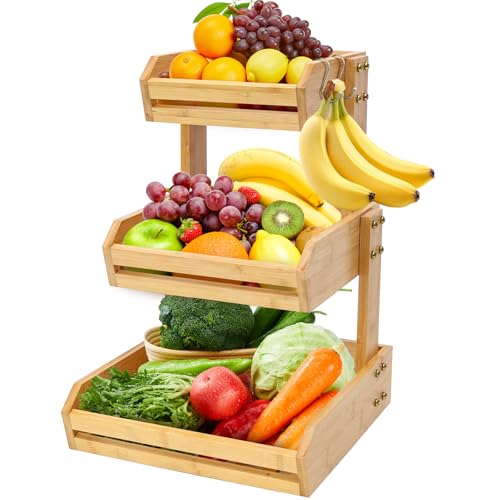 KISENG Bamboo 3 Tier Fruit Basket Stand for Kitchen Counter,