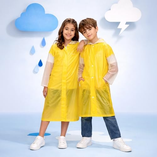 Image of Lifelong Kids Solid Textured PVC Raincoat| School Bag Extension & Side Pocket | Rain Coat| Raincoat for Boys & Girls | Kids Raincoat | Waterproof Rainwear with Carrying Pouch, 6-7 YRS (Yellow & White)